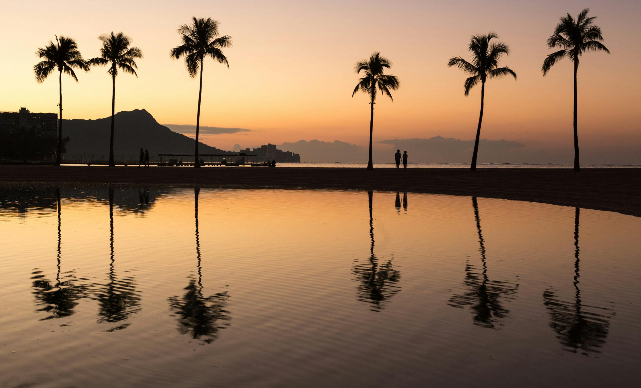 Sunrise over ocean with palm trees in Waikiki Hawaii