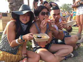 people eating shrimp, katsu and local burgers